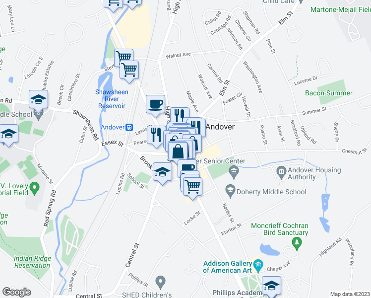 map of restaurants, bars, coffee shops, grocery stores, and more near in Andover