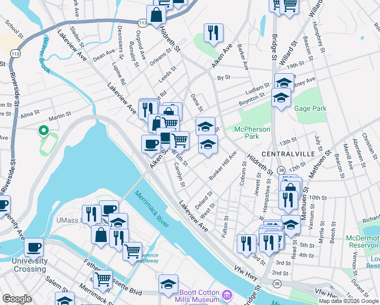 map of restaurants, bars, coffee shops, grocery stores, and more near 72 Beaulieu Street in Lowell