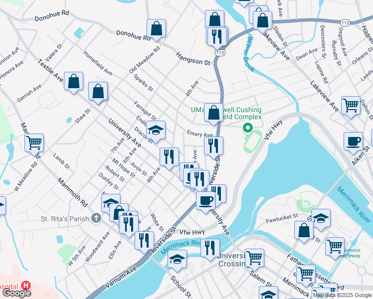 map of restaurants, bars, coffee shops, grocery stores, and more near 60 Bodwell Avenue in Lowell