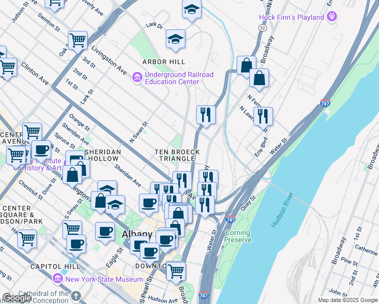 map of restaurants, bars, coffee shops, grocery stores, and more near 53 Ten Broeck Street in Albany