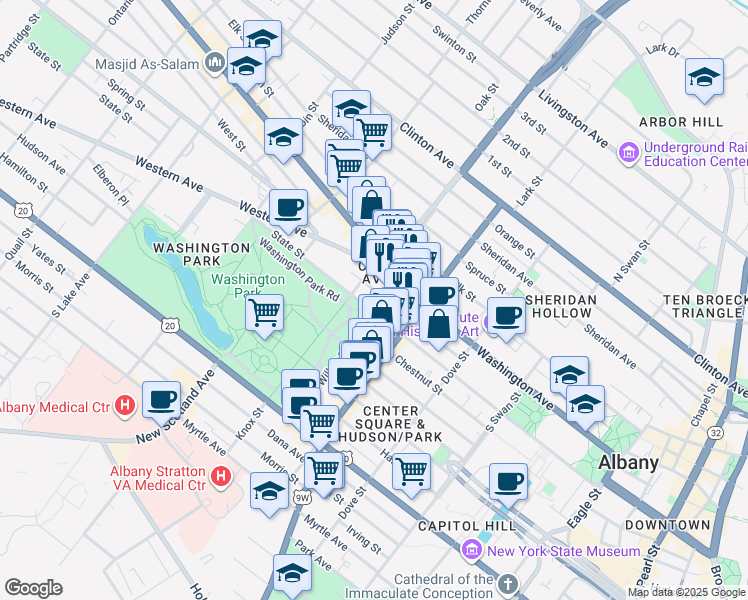 map of restaurants, bars, coffee shops, grocery stores, and more near 90 Spring Street in Albany