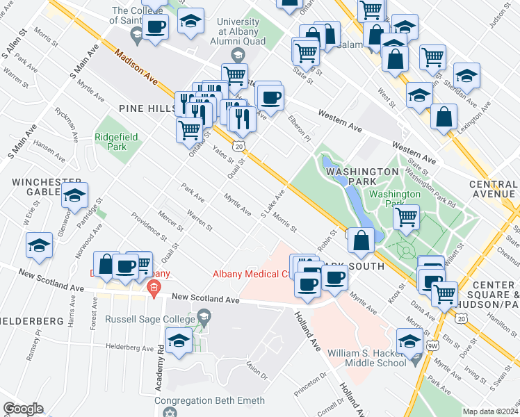 map of restaurants, bars, coffee shops, grocery stores, and more near 111 South Lake Avenue in Albany