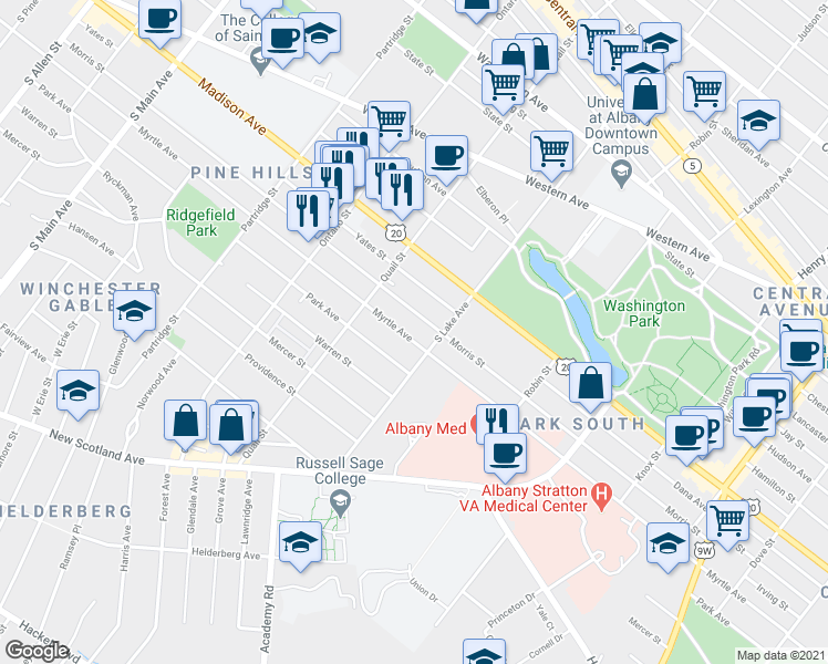map of restaurants, bars, coffee shops, grocery stores, and more near 111 South Lake Avenue in Albany