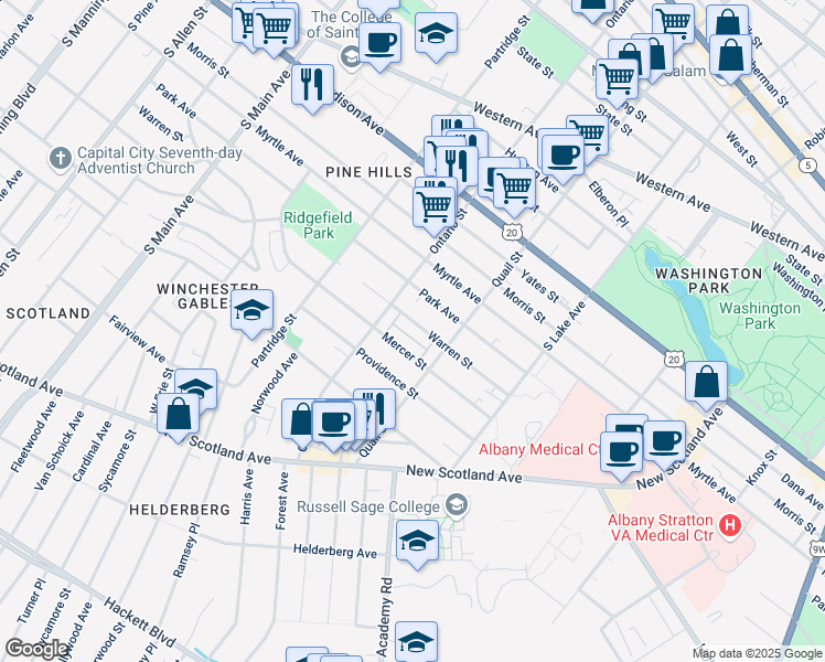 map of restaurants, bars, coffee shops, grocery stores, and more near 621 Mercer Street in Albany