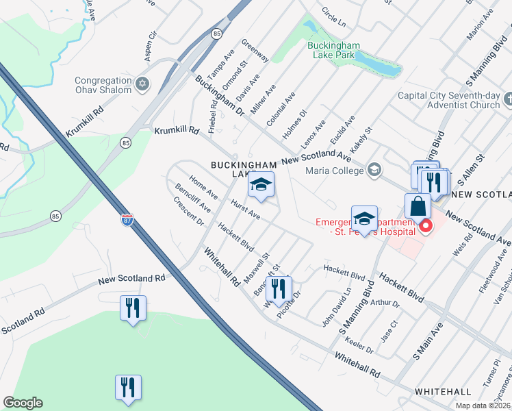map of restaurants, bars, coffee shops, grocery stores, and more near 40 Hopewell Street in Albany
