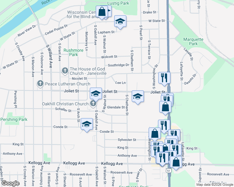 map of restaurants, bars, coffee shops, grocery stores, and more near 1603 Joliet Street in Janesville