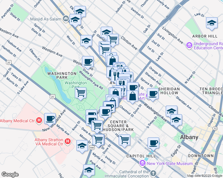 map of restaurants, bars, coffee shops, grocery stores, and more near 391 State Street in Albany