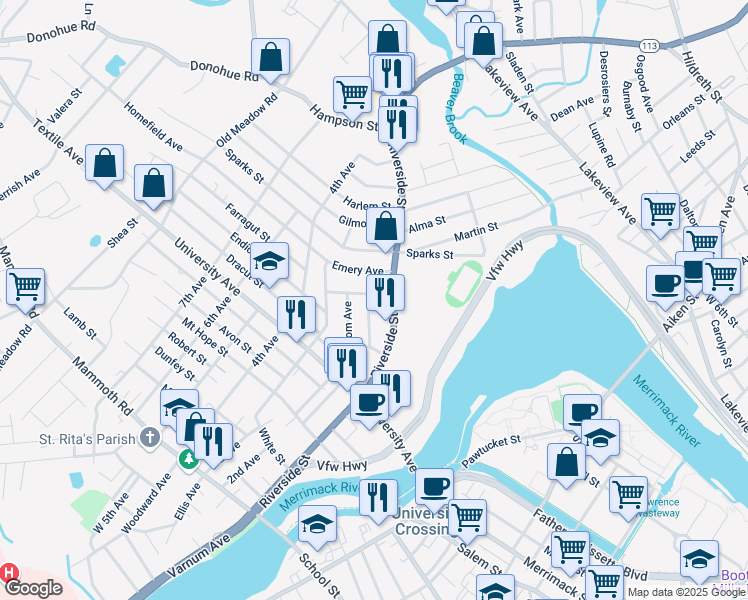 map of restaurants, bars, coffee shops, grocery stores, and more near 18 Bodwell Avenue in Lowell