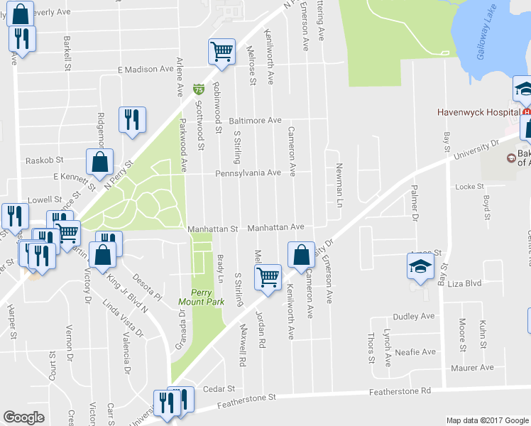 map of restaurants, bars, coffee shops, grocery stores, and more near 680 Melrose Street in Pontiac