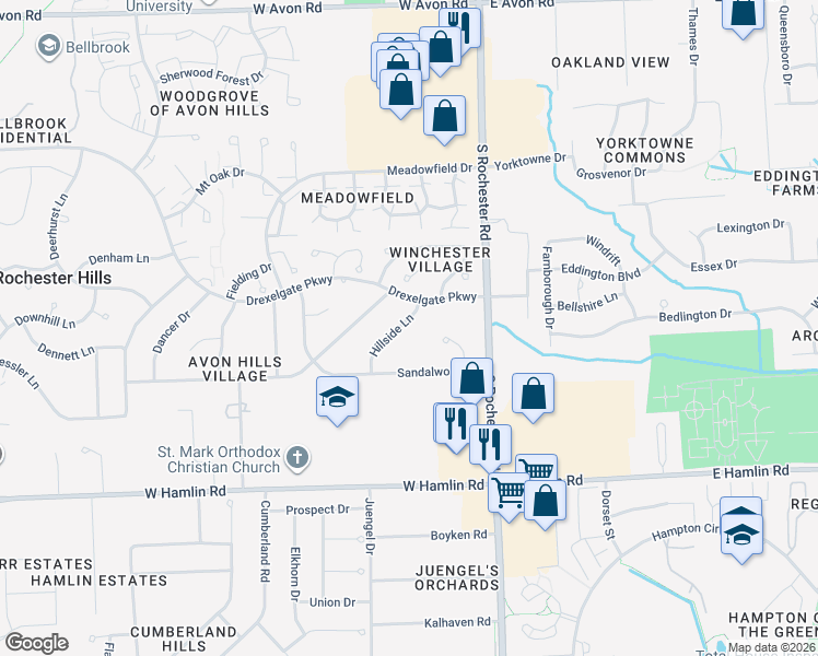 map of restaurants, bars, coffee shops, grocery stores, and more near 1625 Hillside Lane in Rochester Hills