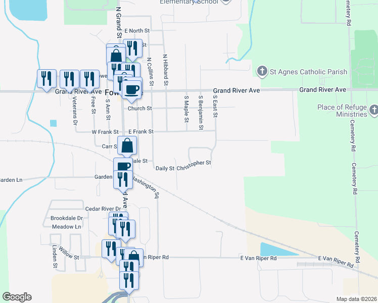 map of restaurants, bars, coffee shops, grocery stores, and more near 669 Jessica Circle in Fowlerville
