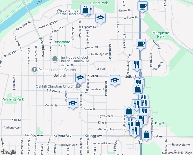 map of restaurants, bars, coffee shops, grocery stores, and more near 1603 Joliet Street in Janesville