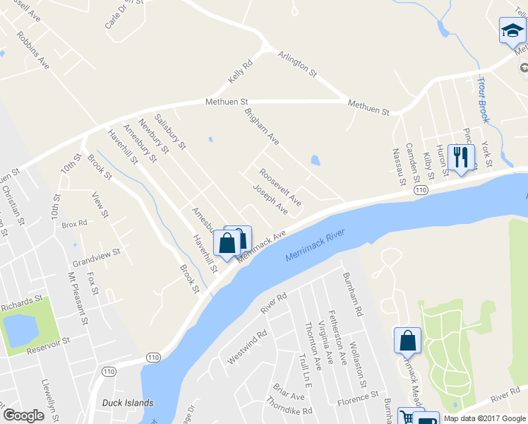 map of restaurants, bars, coffee shops, grocery stores, and more near 33 Merrimack Terrace in Dracut