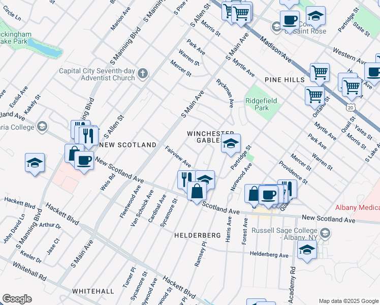 map of restaurants, bars, coffee shops, grocery stores, and more near 10 Barnet Street in Albany