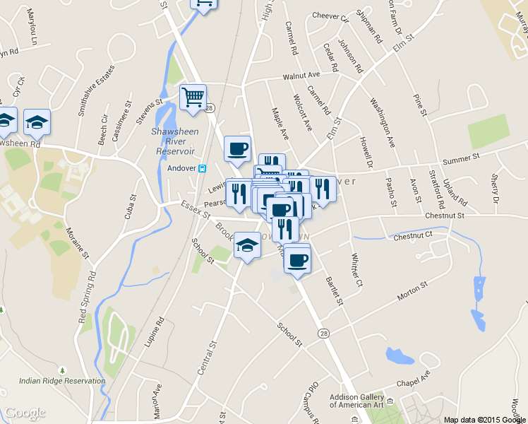 map of restaurants, bars, coffee shops, grocery stores, and more near 2 Elm Street in Andover