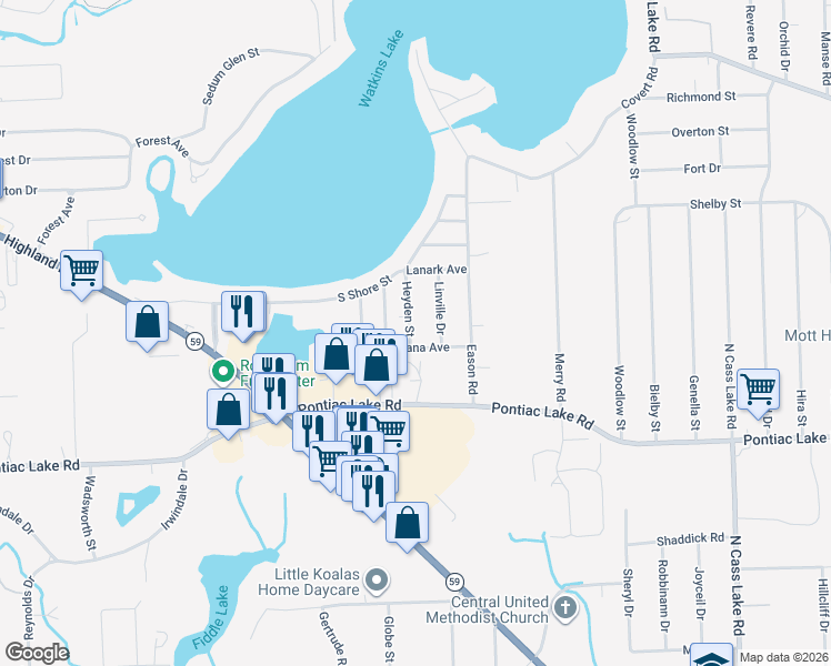 map of restaurants, bars, coffee shops, grocery stores, and more near 1232 Heyden Street in Waterford Township