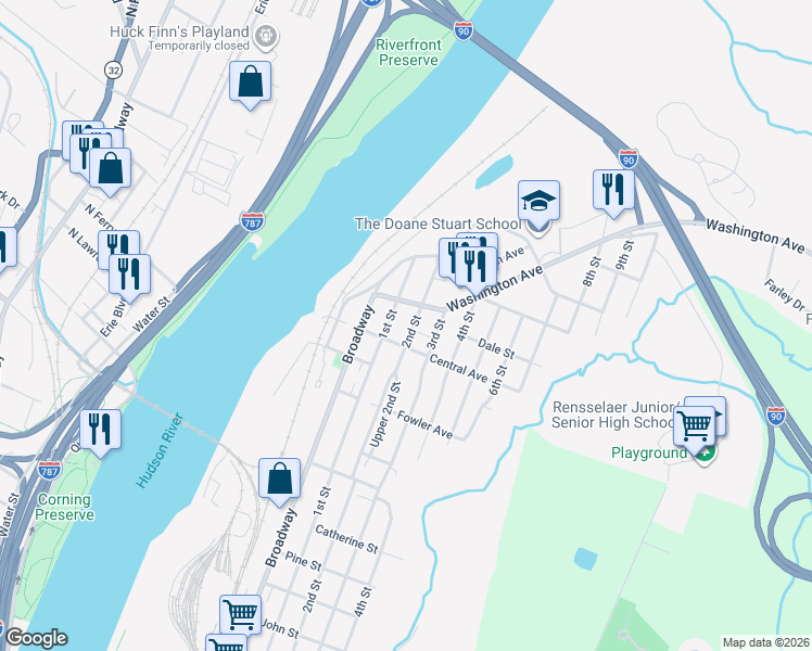 map of restaurants, bars, coffee shops, grocery stores, and more near 1621 2nd St in Rensselaer
