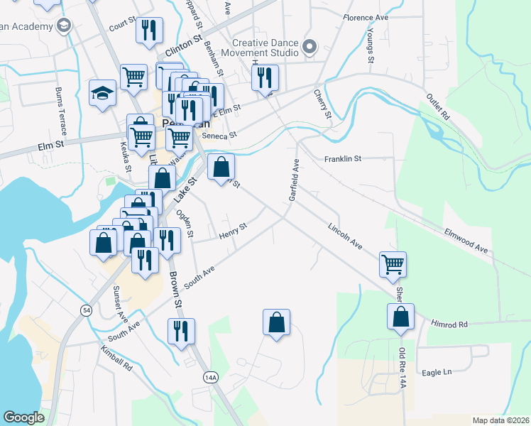 map of restaurants, bars, coffee shops, grocery stores, and more near 141 East Main Street in Penn Yan