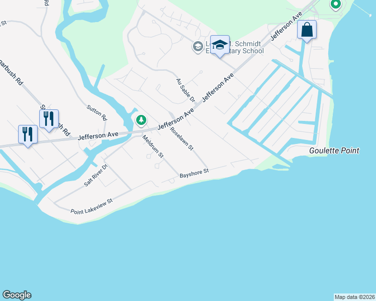 map of restaurants, bars, coffee shops, grocery stores, and more near 33689 Roselawn Street in New Baltimore