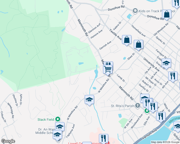 map of restaurants, bars, coffee shops, grocery stores, and more near 2300 Skyline Drive in Lowell