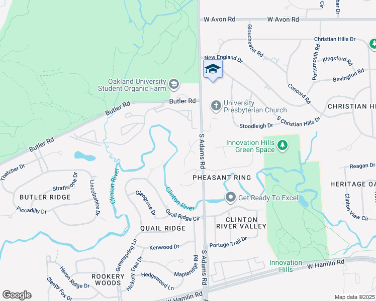 map of restaurants, bars, coffee shops, grocery stores, and more near 1554 Charter Oak Drive in Rochester Hills