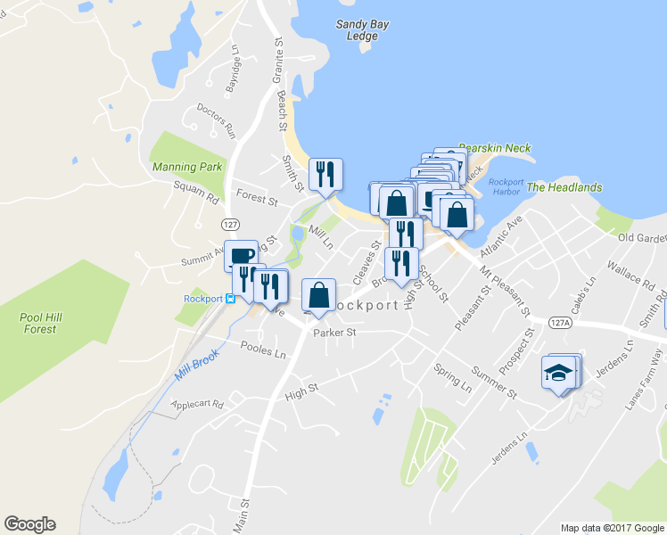 map of restaurants, bars, coffee shops, grocery stores, and more near 54A-C Main Street in Rockport