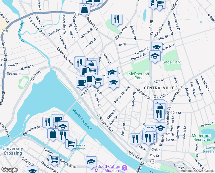 map of restaurants, bars, coffee shops, grocery stores, and more near 72 Beaulieu Street in Lowell