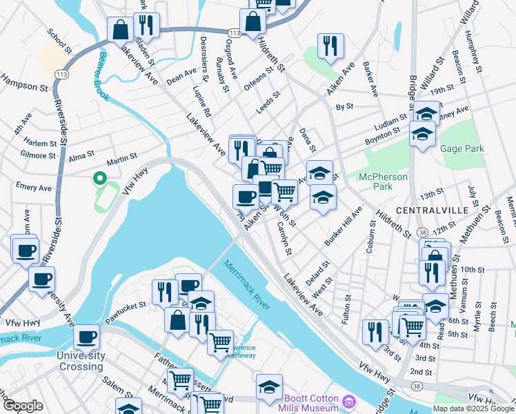 map of restaurants, bars, coffee shops, grocery stores, and more near 748 Lakeview Avenue in Lowell
