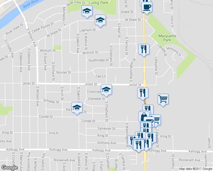 map of restaurants, bars, coffee shops, grocery stores, and more near 1604 South Chatham Street in Janesville
