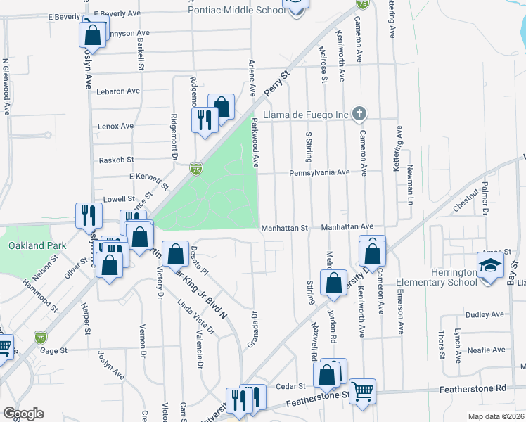 map of restaurants, bars, coffee shops, grocery stores, and more near 684 Parkwood Avenue in Pontiac