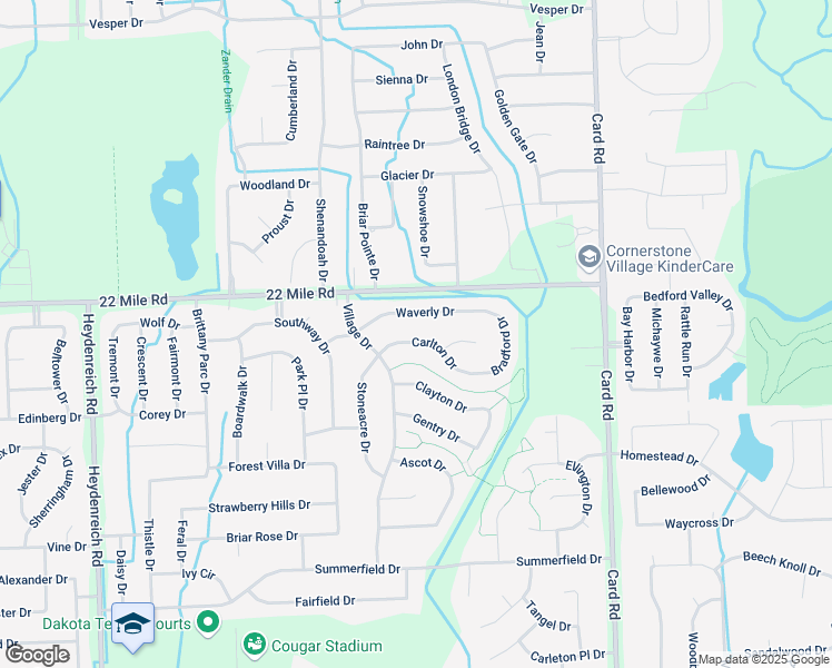 map of restaurants, bars, coffee shops, grocery stores, and more near 21327 Carlton Drive in Macomb