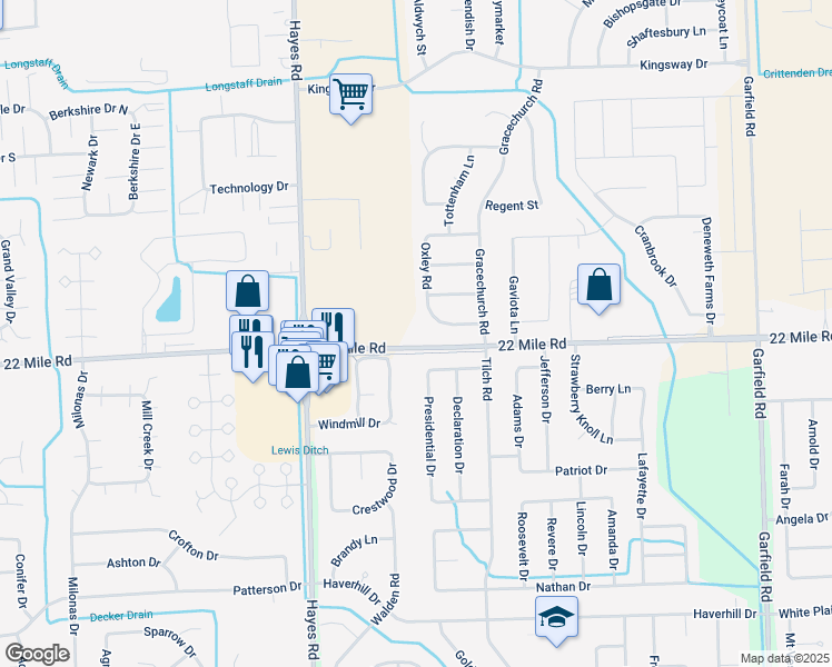 map of restaurants, bars, coffee shops, grocery stores, and more near 15588 Downing Street in Macomb