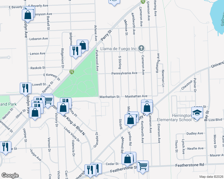 map of restaurants, bars, coffee shops, grocery stores, and more near 685 Robinwood Street in Pontiac