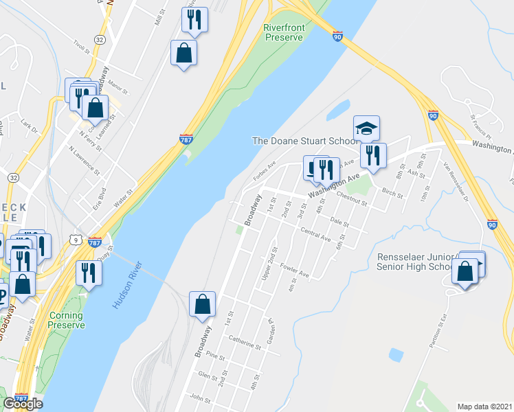 map of restaurants, bars, coffee shops, grocery stores, and more near 1604 Broadway in Rensselaer