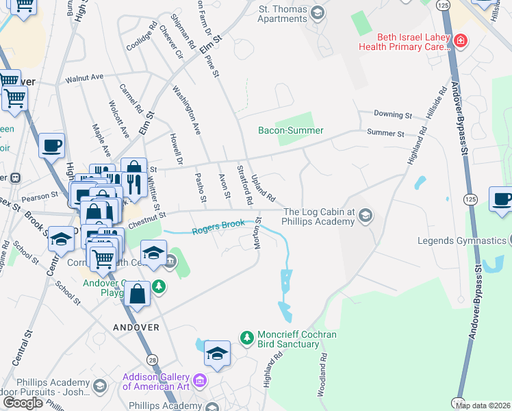 map of restaurants, bars, coffee shops, grocery stores, and more near 114 Chestnut Street in Andover