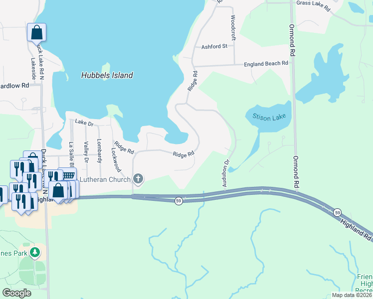 map of restaurants, bars, coffee shops, grocery stores, and more near 1745 Ridge Road in White Lake charter Township