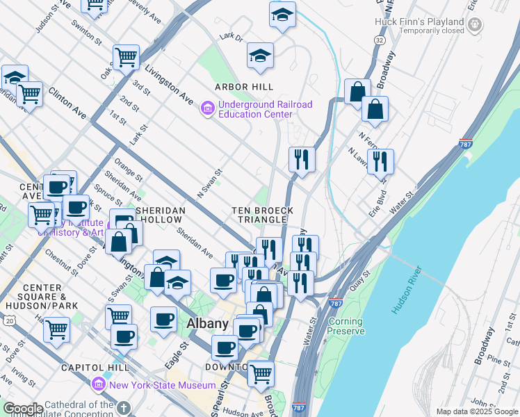 map of restaurants, bars, coffee shops, grocery stores, and more near 48 Ten Broeck Street in Albany