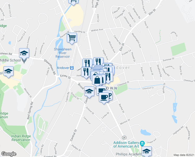 map of restaurants, bars, coffee shops, grocery stores, and more near 2 Elm Court in Andover