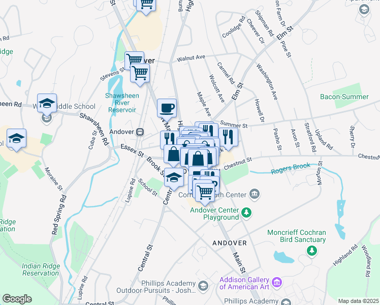 map of restaurants, bars, coffee shops, grocery stores, and more near 2 Elm Court in Andover