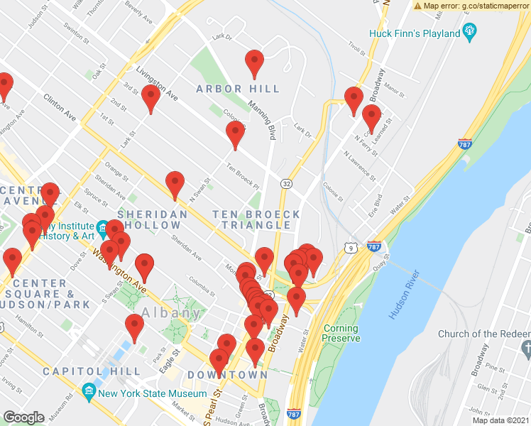 map of restaurants, bars, coffee shops, grocery stores, and more near 53 Ten Broeck Street in Albany