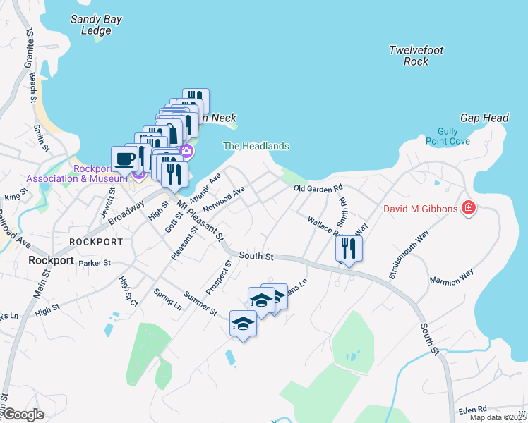 map of restaurants, bars, coffee shops, grocery stores, and more near 45 Atlantic Avenue in Rockport