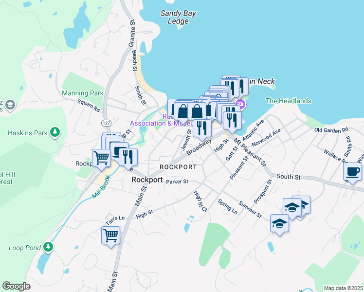 map of restaurants, bars, coffee shops, grocery stores, and more near 5 Cleaves Street in Rockport
