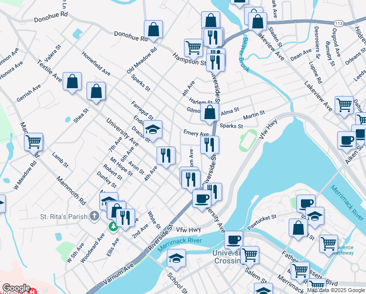 map of restaurants, bars, coffee shops, grocery stores, and more near 60 Bodwell Avenue in Lowell
