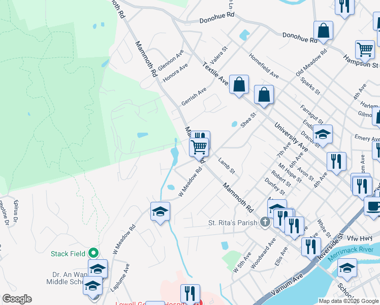 map of restaurants, bars, coffee shops, grocery stores, and more near 374 Mammoth Road in Lowell