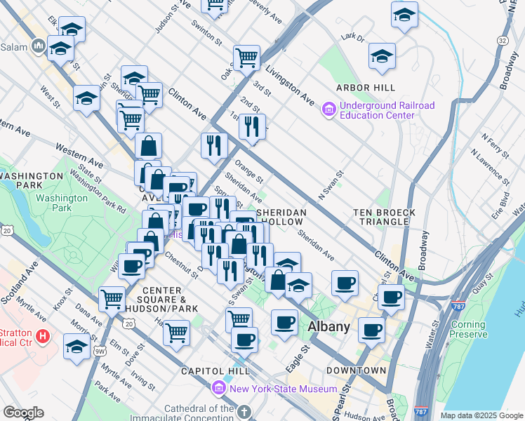 map of restaurants, bars, coffee shops, grocery stores, and more near in Albany