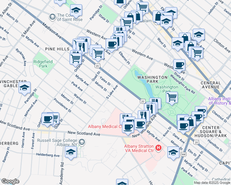 map of restaurants, bars, coffee shops, grocery stores, and more near 277 Morris Street in Albany