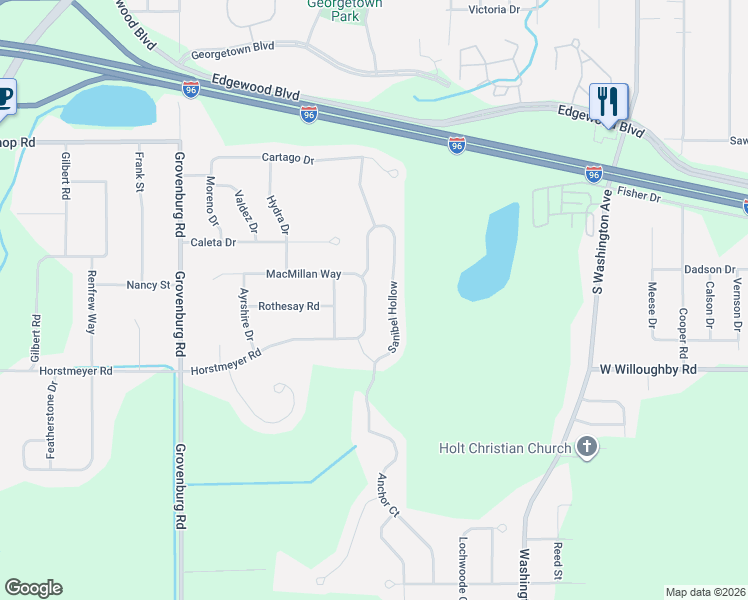 map of restaurants, bars, coffee shops, grocery stores, and more near 2578 Horstmeyer Road in Lansing