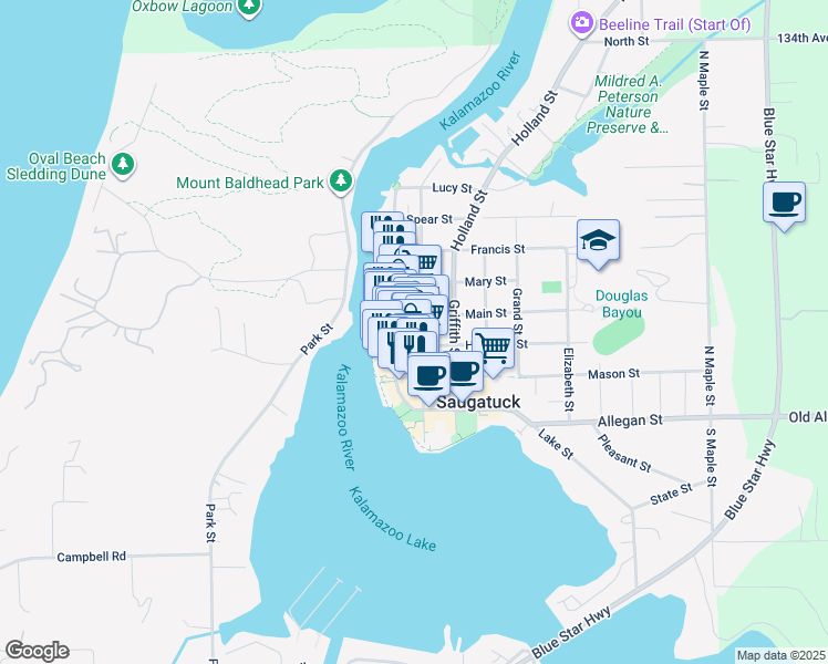 map of restaurants, bars, coffee shops, grocery stores, and more near 321 Water Street in Saugatuck