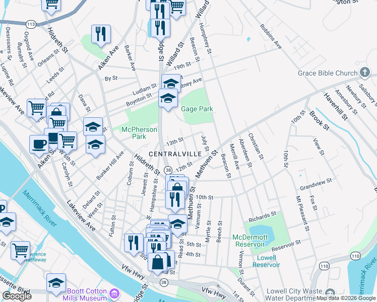 map of restaurants, bars, coffee shops, grocery stores, and more near 29 May Street in Lowell