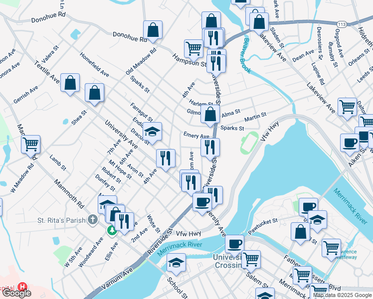 map of restaurants, bars, coffee shops, grocery stores, and more near 60 Bodwell Avenue in Lowell